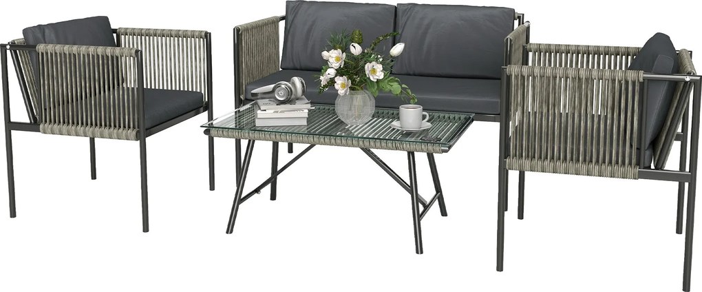 Outsunny Rattan Kerti Bútor Szett 2 Személyes Kanapé, Fotel, Üvegasztal, Párnák - Időjárásálló Erkélybútor 4 Főre | Aosom