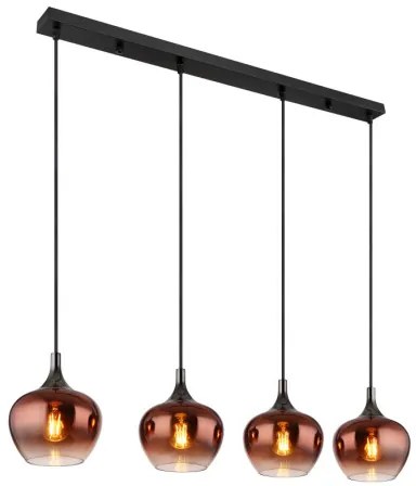 Globo 15548-4HG Függeszték fekete matt fém, fekete-króm fém, réz színű/átlátszó színátmenetes üveg búra, fekete textil kábel, HxSzxM: 1000x180x1200mm, 4x E27 40W 230V izzók nélkül