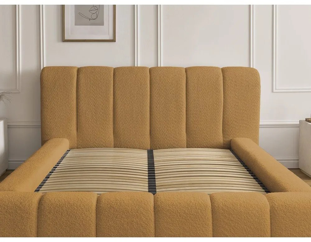 Mustársárga kárpitozott ágyneműtartós franciaágy ágyráccsal 140x190 cm Denali – Bobochic Paris