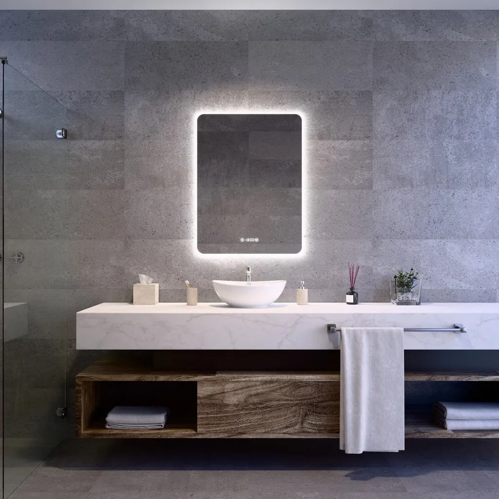 Álló fürdőszobai LED tükör 60x80cm | Páramentesítő funkció - Beépített óra - Fényerő és színhőmérséklet szabályozás | Welland Luxury-Line G790