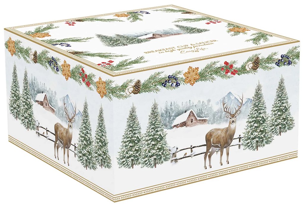 Karácsonyi porcelán nagy reggeliző csésze aljjal szarvasos White Forest díszdobozban
