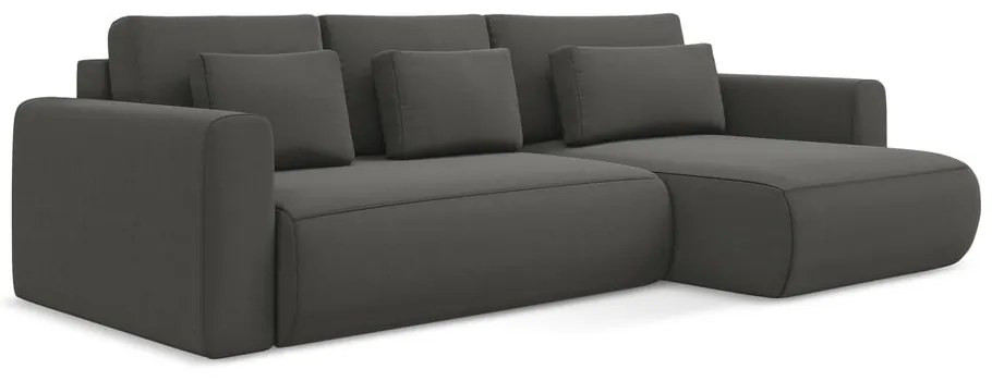 Sötétszürke bársony kinyitható-tárolóhelyes sarokkanapé (jobb oldali-heverő résszel) Kapua – Makamii