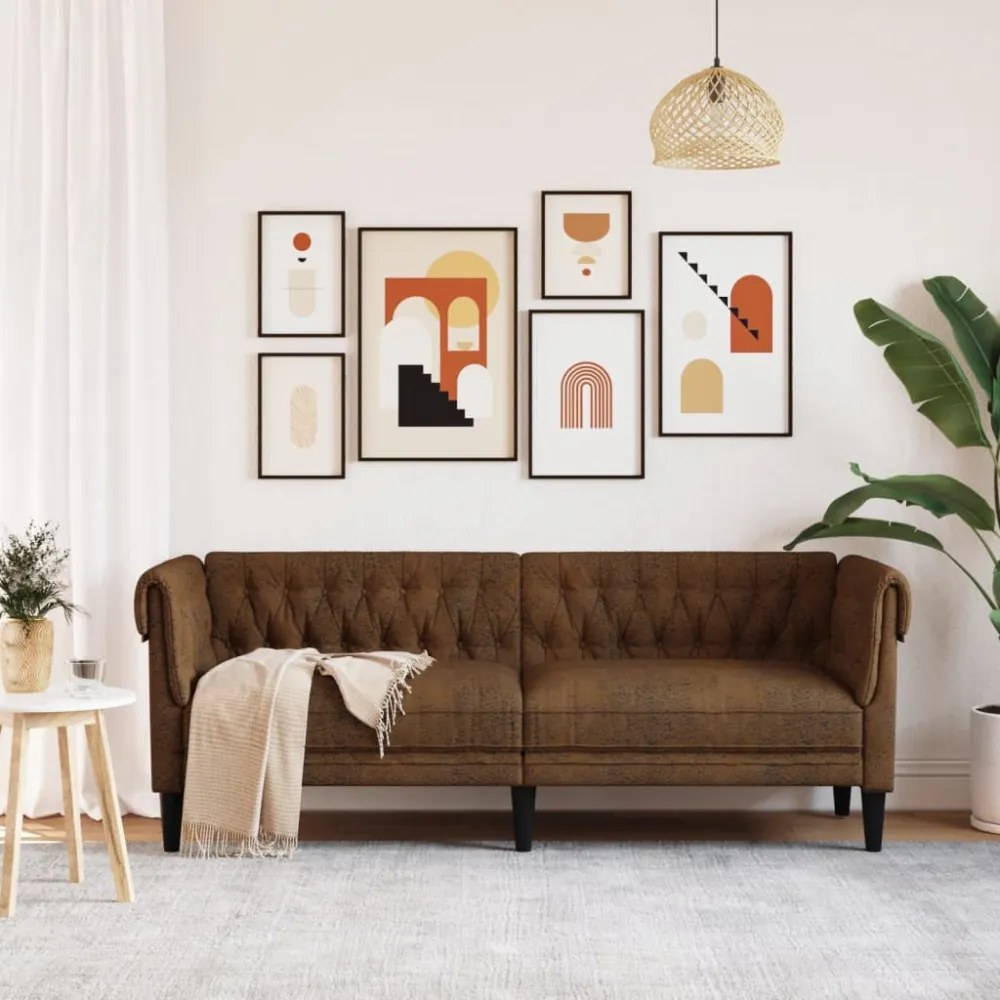 3 személyes barna szövet Chesterfield kanapé