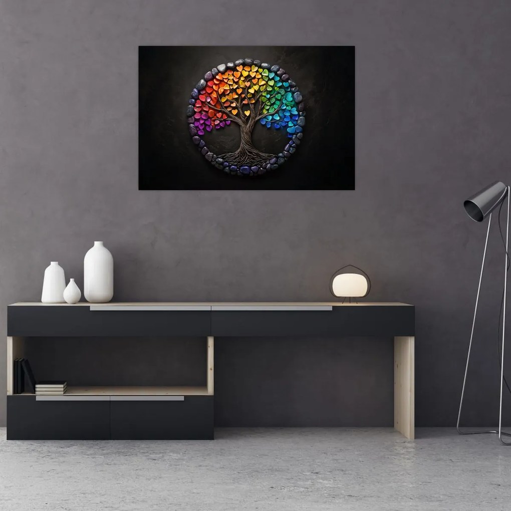 Kép – Fa színes szívekkel (90x60 cm)