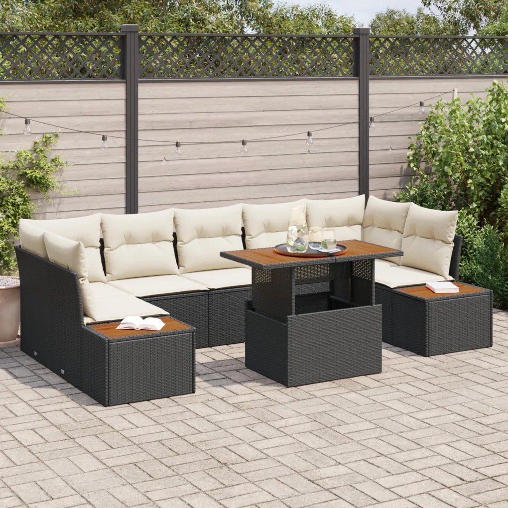 8 Részes Kert Sofa Szett Párnákkal Fekete Poly Rattan