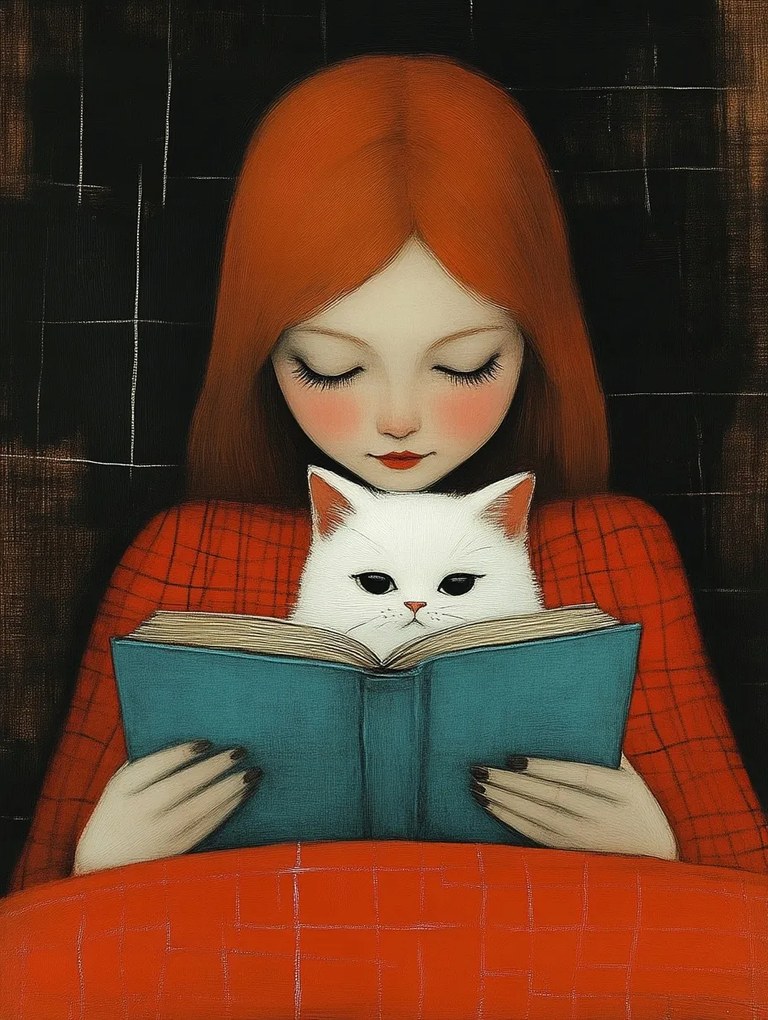 Vászonkép Canvas Vörös Lány Macska Könyv Olvasmány Barátság 75x100