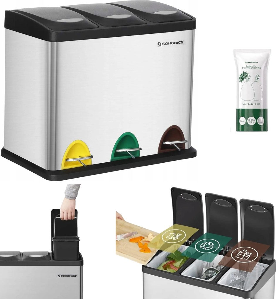 Hulladékgyűjtő kosár Fém 3 Rekeszes szelektív hulladékgyűjtéshez újrahasznosított 24L Zsákok