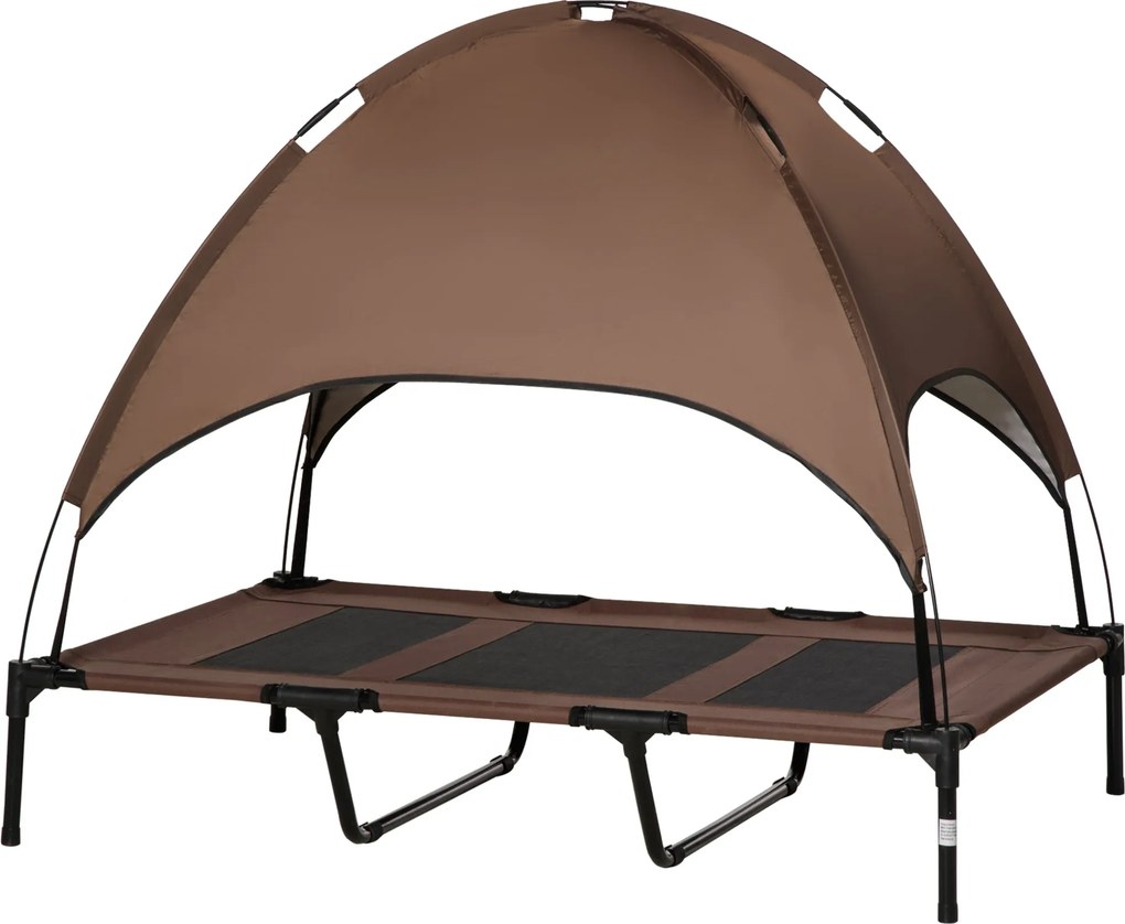 PawHut Magasított Kutyafekhely Napernyővel, Kutyapihenő, Kültéri Kutyapárna Tetővel, Légáteresztő Taft Anyagból, Kávé 122 x 92 x 108 cm | Aosom