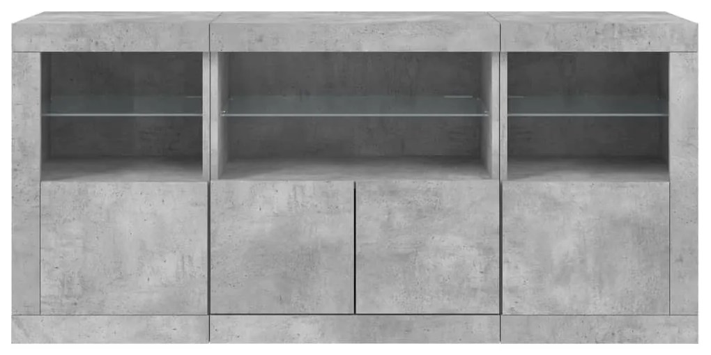 betonszürke tálalószekrény LED-világítással 142,5 x 37 x 67 cm