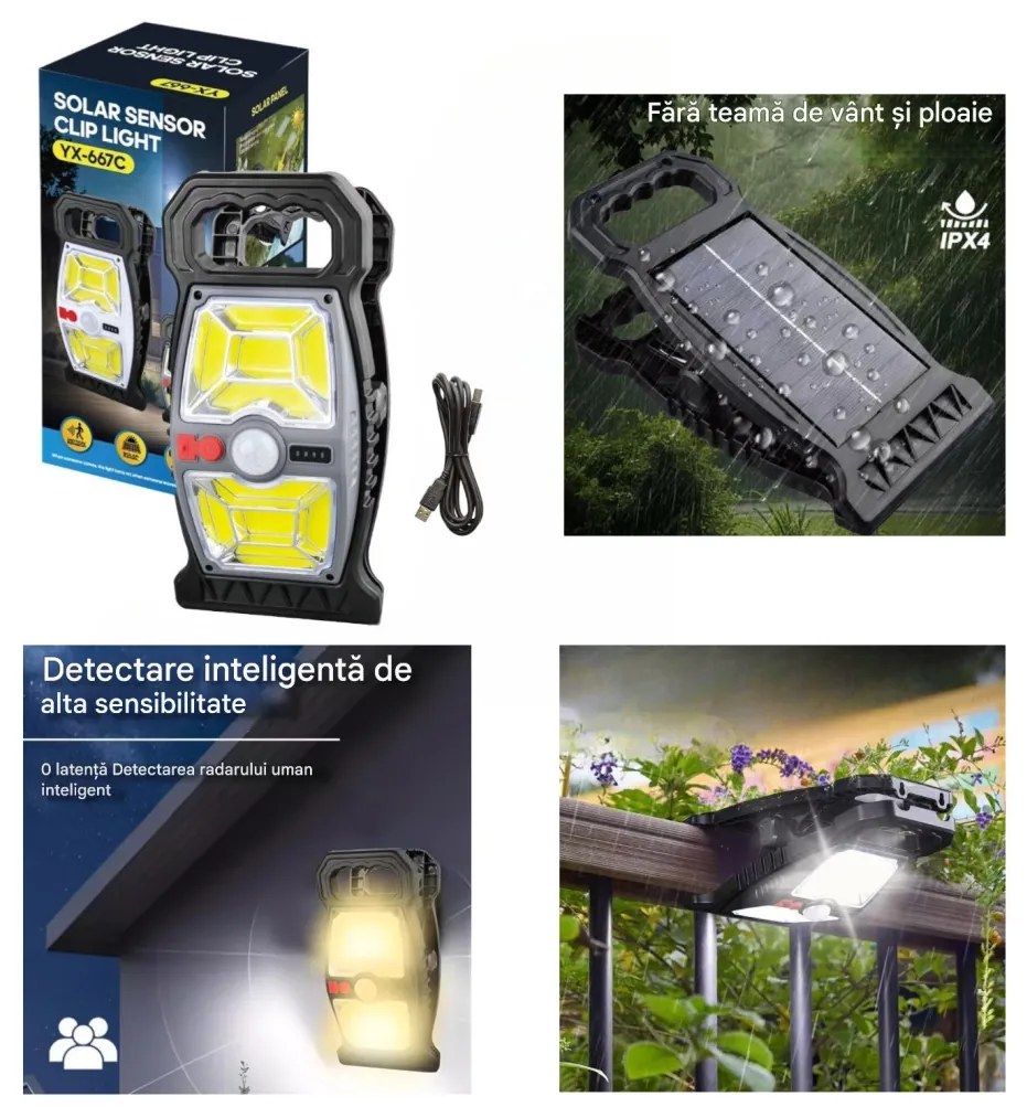 Solar LED Mozgásérzékelős Csipesz Napelem Lámpa – YX-667C, Napelemes és USB Type-C töltéssel, IP65