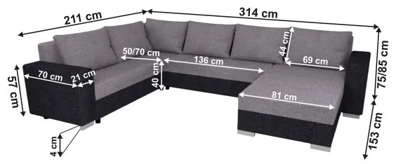 Kárpitozott, univerzális, kihúzható U-alakú ülőgarnitúra YORK – szürke/bézs/barna
