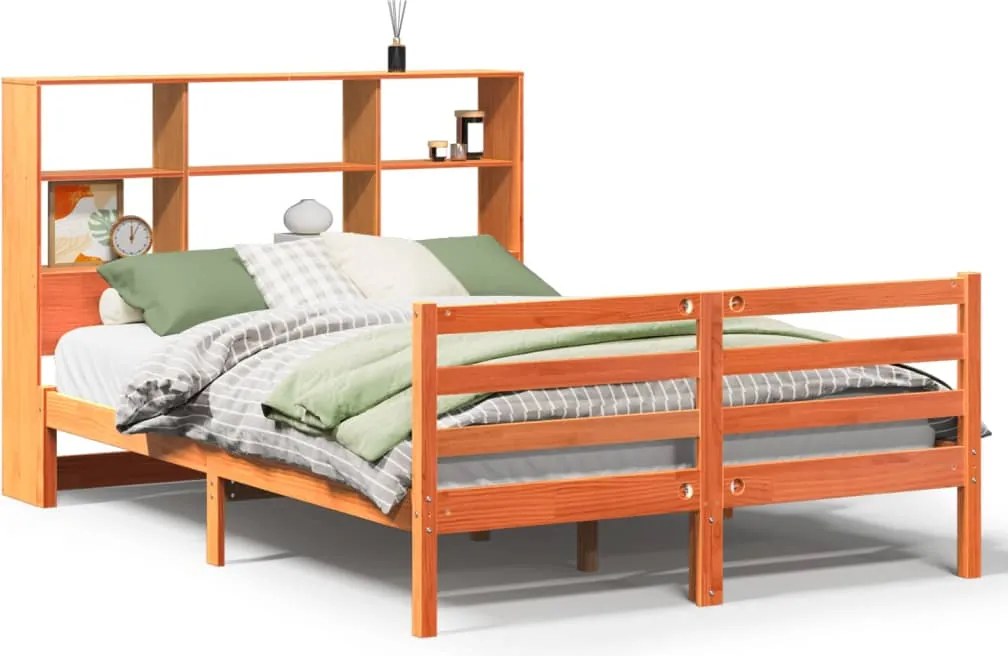 vidaXL viaszbarna tömör fa könyvespolcos ágy matrac nélkül 120 x 190cm