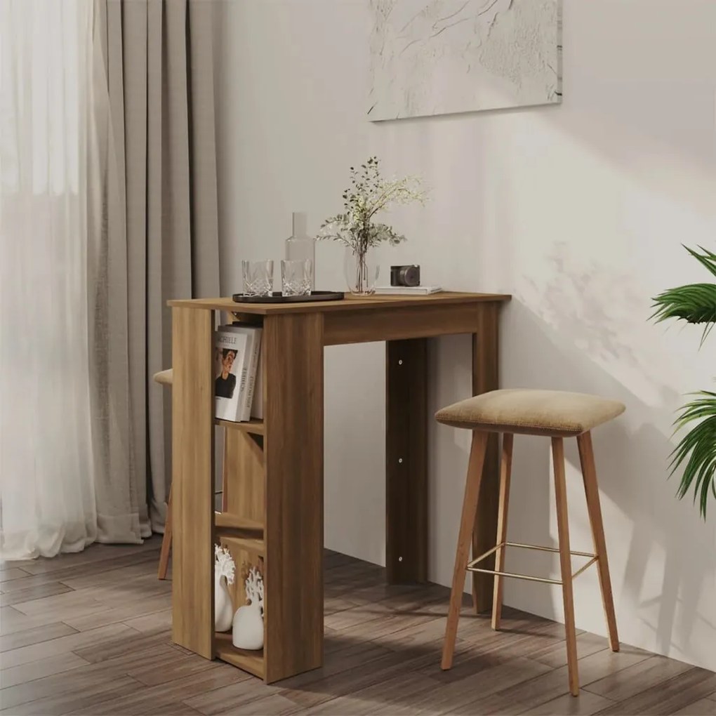 Barna tölgy színű szerelt fa bárasztal polccal 102x50x103,5 cm