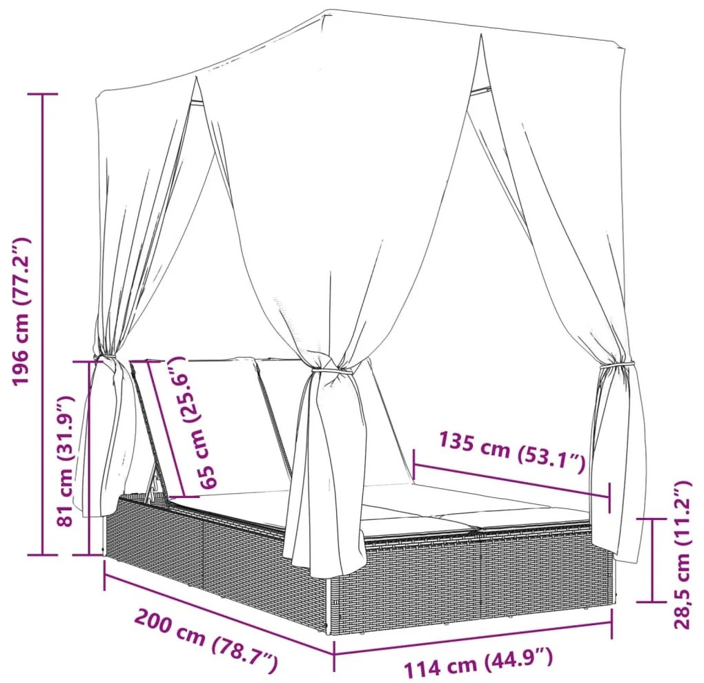 bézs polyrattan dupla napozóágy tetővel és függönyökkel