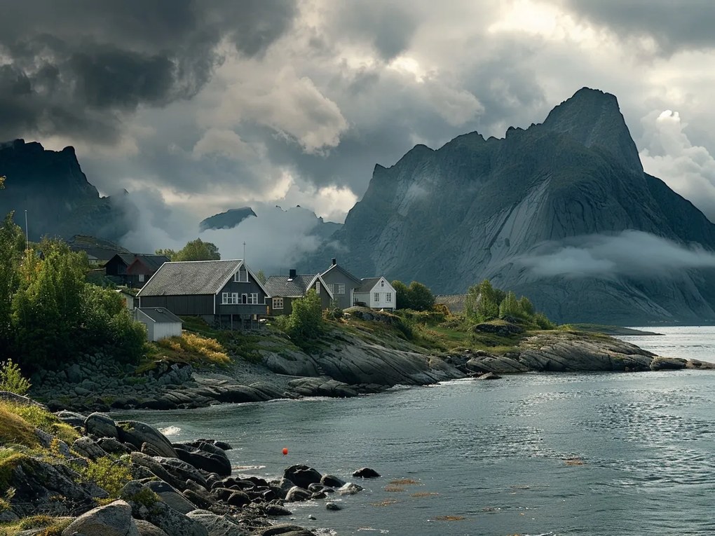 Vászonkép Canvas Norvégia Fjordok Hegyek Tenger Tájkép Házak 100x75