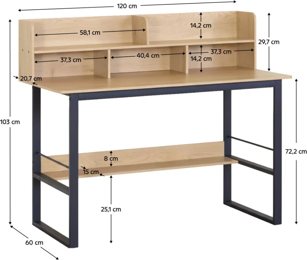 Polcos íróasztal / számítógépasztal 120×60 cm, masszív fém vázzal, fekete–aranytölgy – Intenso Home