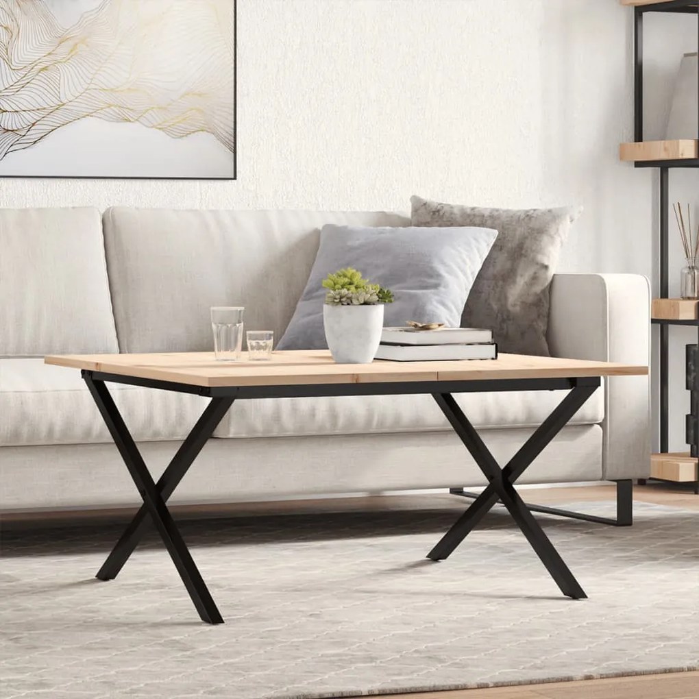 Tömör fenyőfa és acél dohányzóasztal X-vázzal 90x40x45 cm
