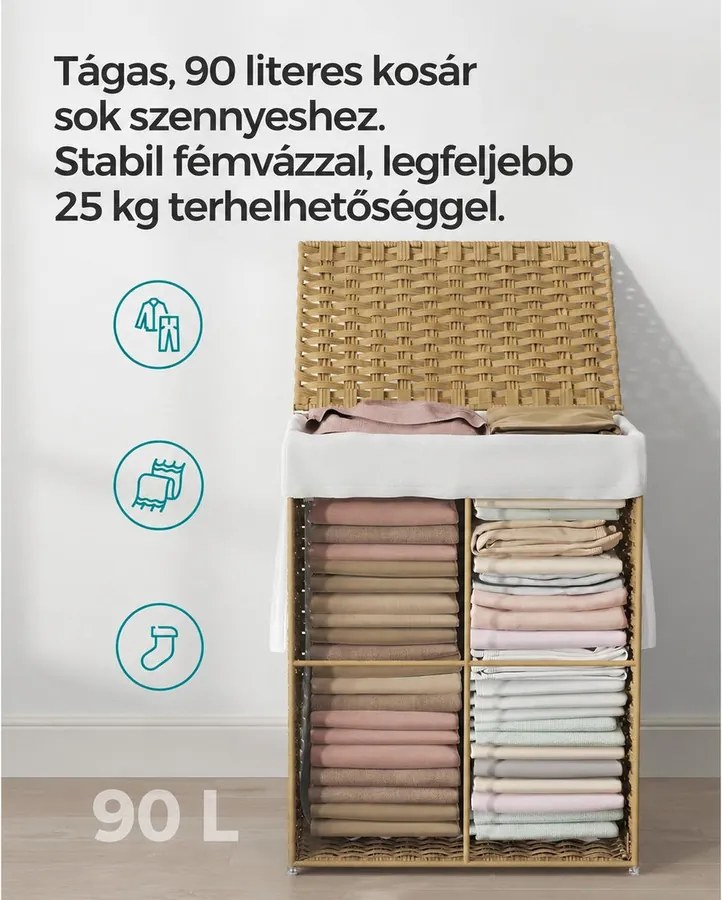 Szennyestartó, 90 literes, szintetikus rattan ruháskosár natúr