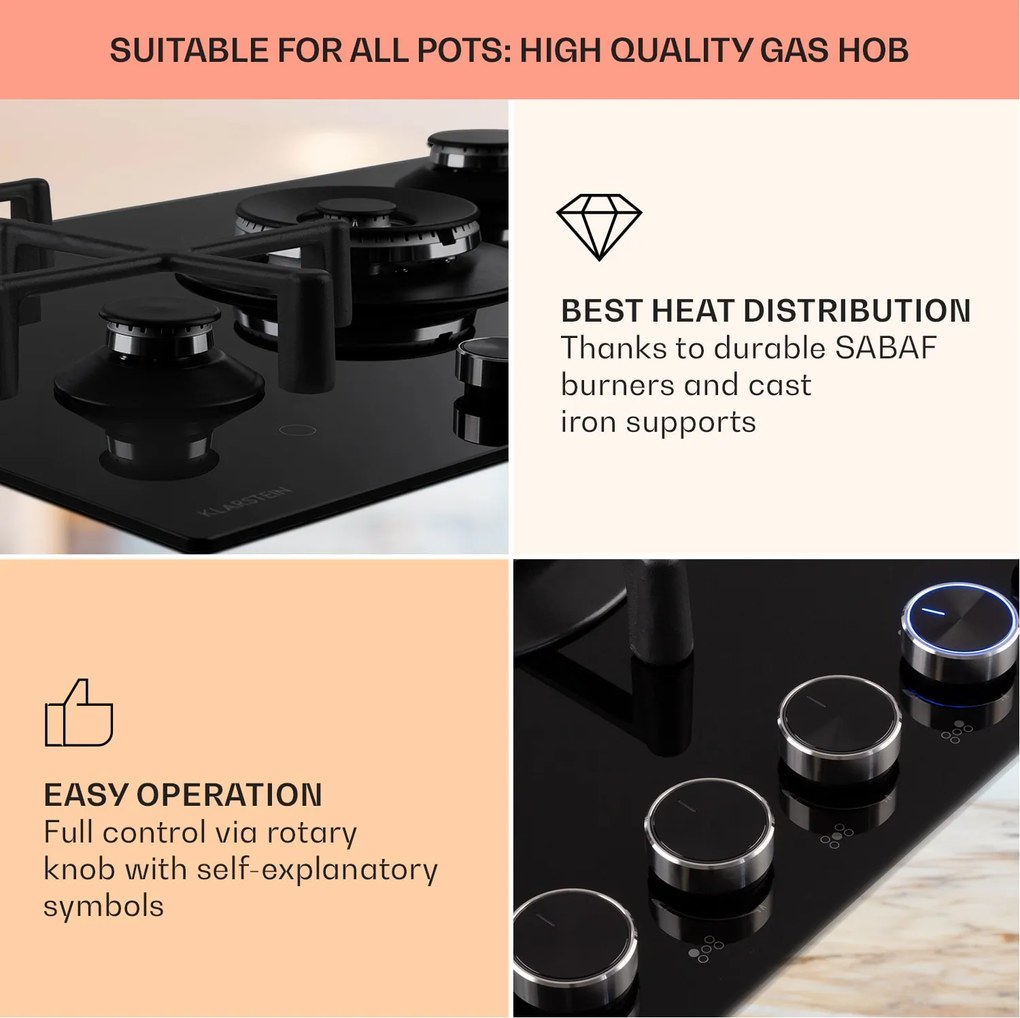Klarstein Illuminosa 5, gázfőzőlap, 5 Sabaf égő, üvegkerámia, fekete