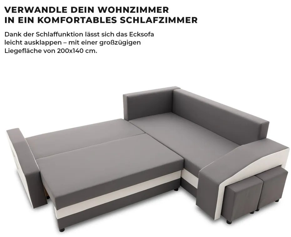 Grande sarokkanapé polcokkal és puffokkal , polc a bal karfaban puffok a jobb karfaban, jobboldali, szövet anyag, bonell töltet, szürke - fehér