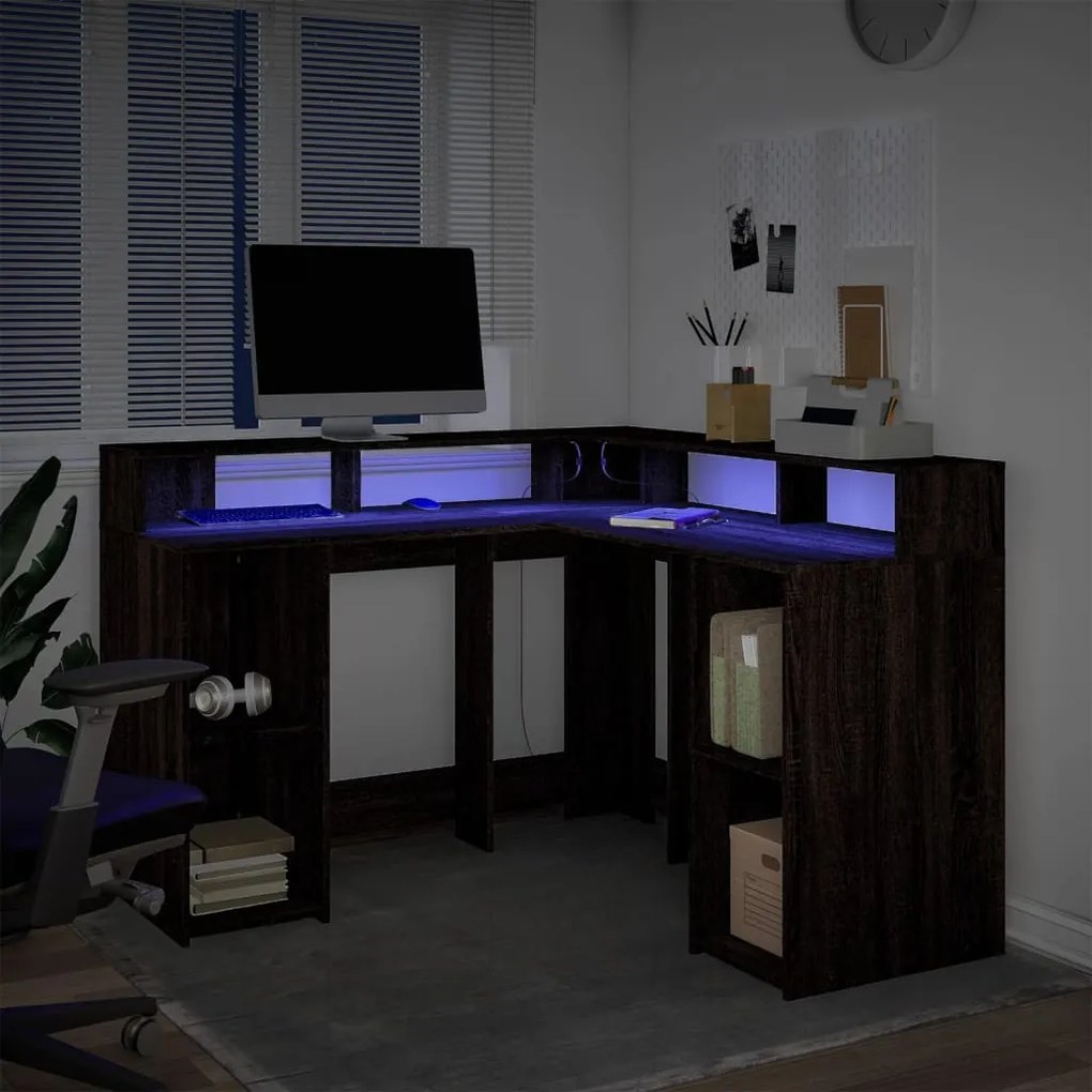barna tölgy színű szerelt fa íróasztal LED-ekkel 130x130x91 cm