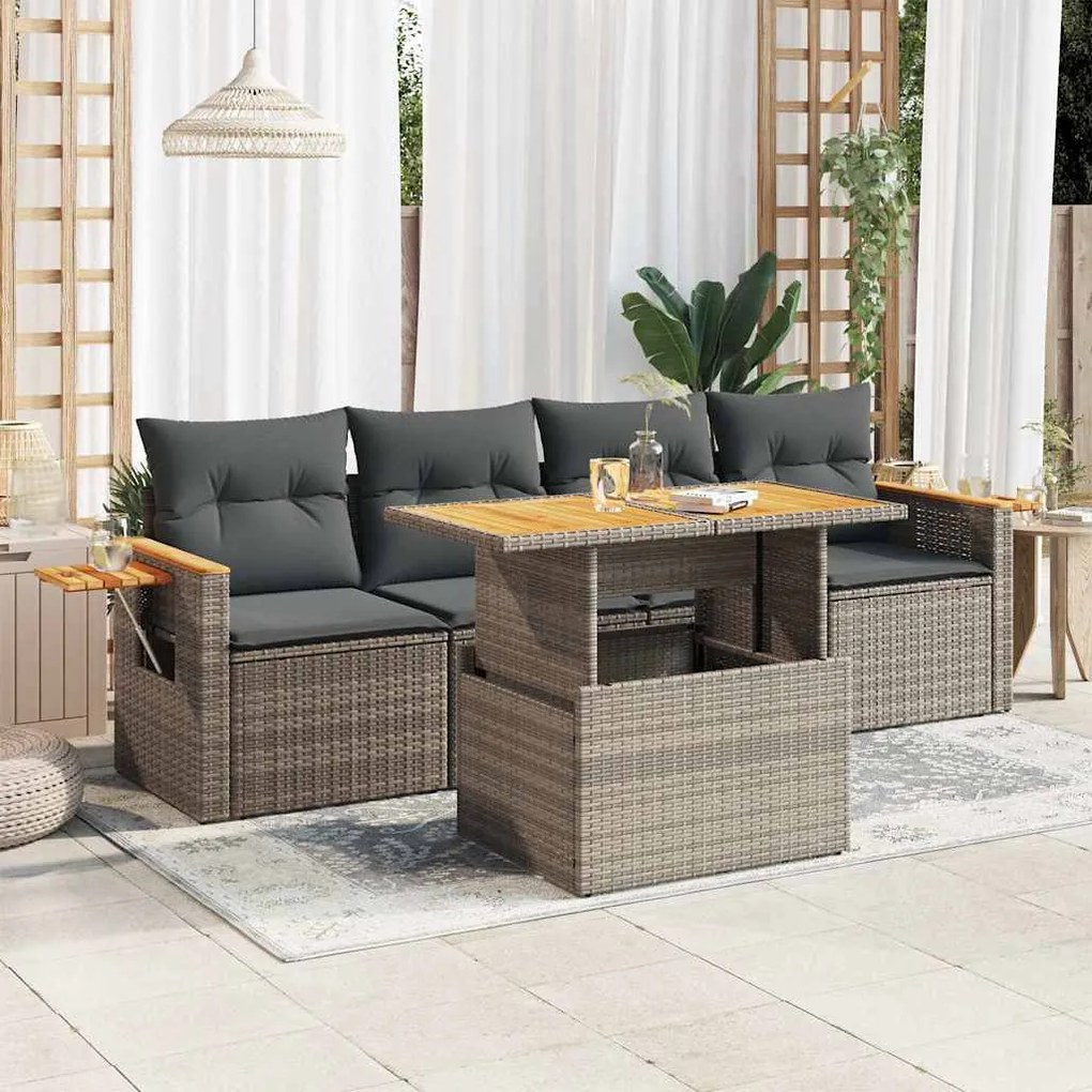 5 részes szürke polyrattan akácfa kerti ülőgarnitúra párnákkal