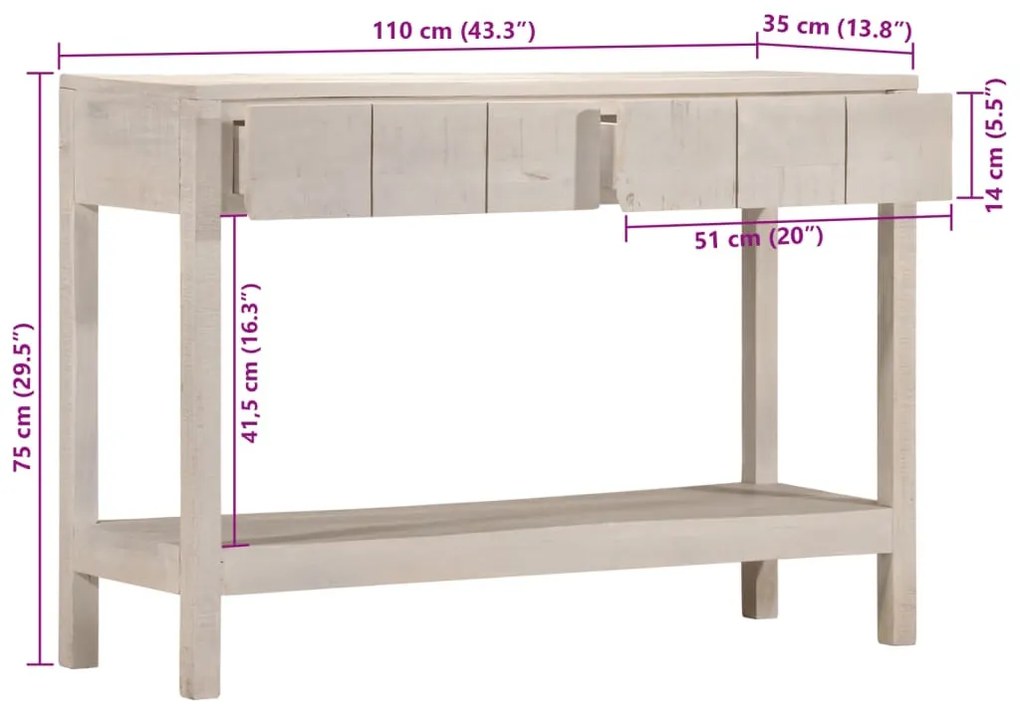 fehér tömör mangófa tálalóasztal 110 x 35 x 75 cm
