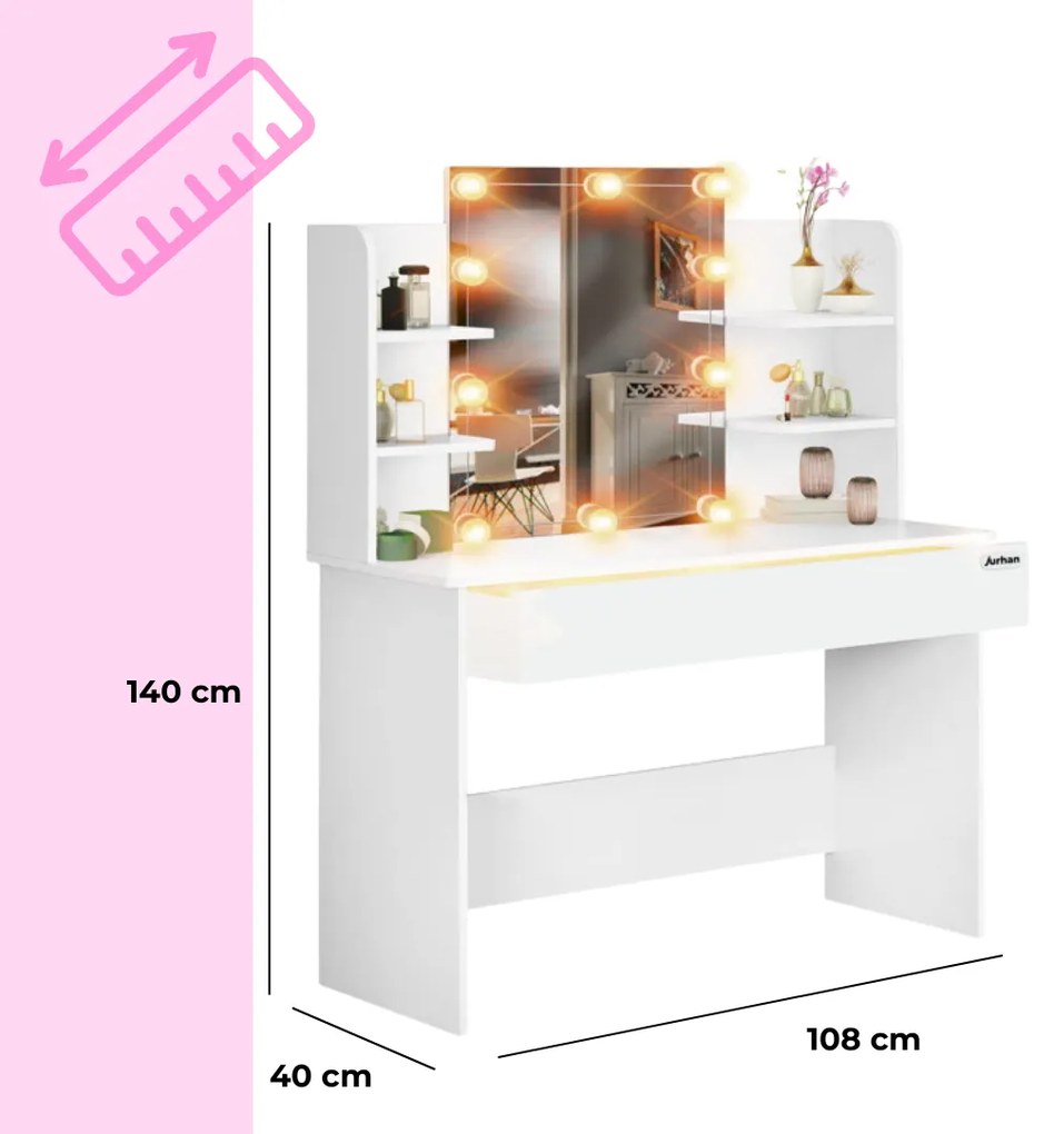 LUCIA fésülködőasztal világítással, 108x40x140cm, fehér Jurhan