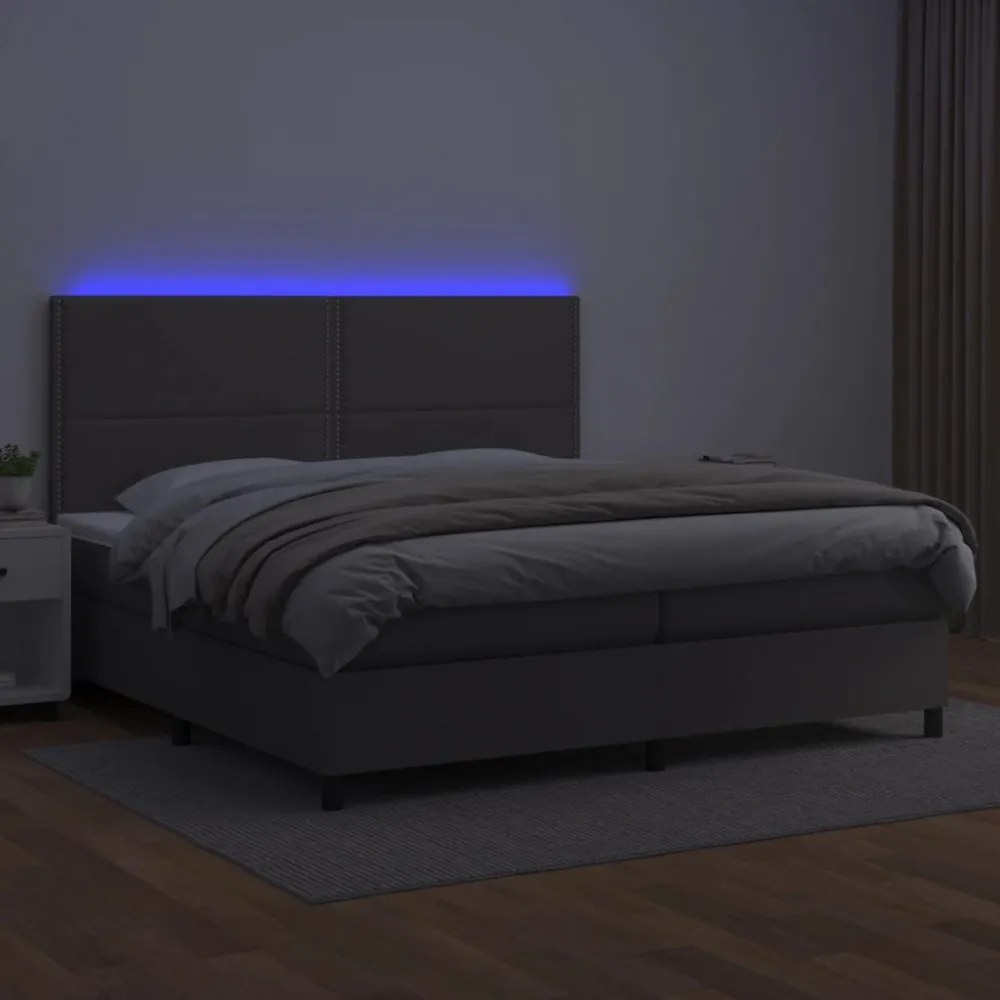 szürke műbőr rugós ágy matraccal és LED-del 200x200 cm