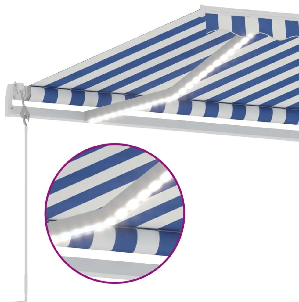 kék/fehér automata szélérzékelős és LED-es napellenző 500x350cm
