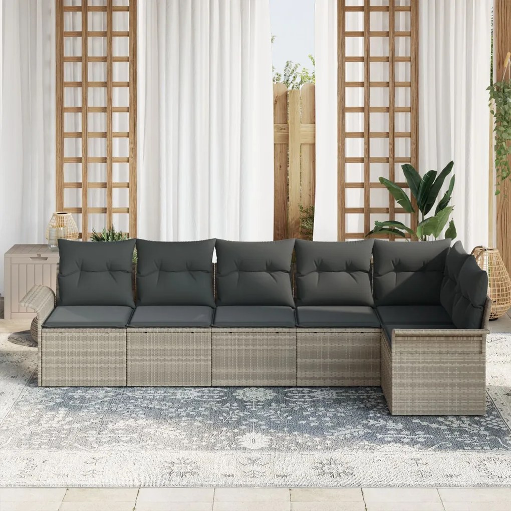 6 darabos kerti kanapé szett párnákkal világosszürke poli-rattan, 2 személyes kerti kanapé tárolóval és párnákkal világosszürke poli-rattan