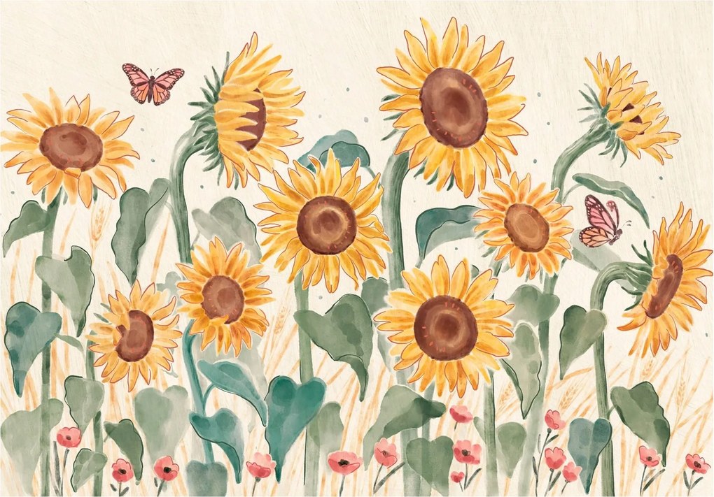 Flizelin fotótapéta Napraforgók pillangók bézs háttér 400x280 +ragasztó