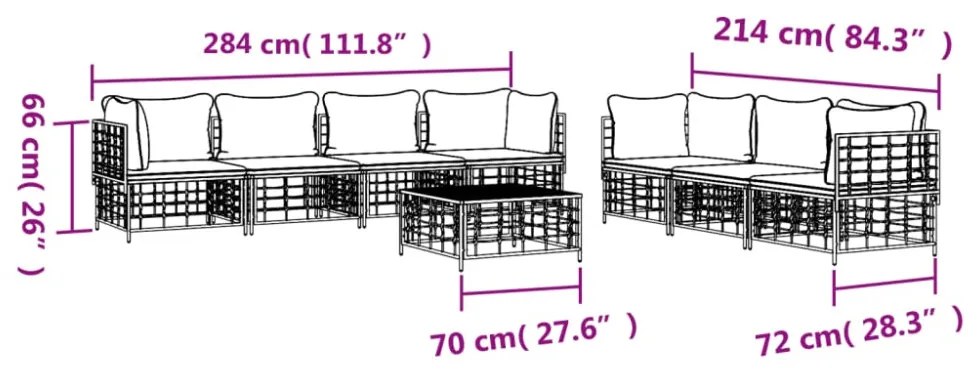 8 részes antracitszürke polyrattan kerti ülőgarnitúra párnákkal