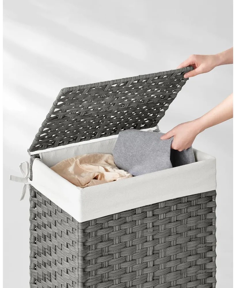 Kézzel fonott rattan szennyeskosár, összecsukható, kivehető zsákkal 90L, szürke