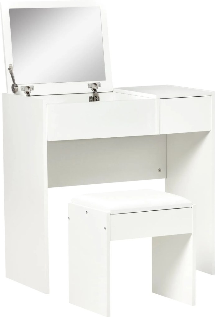 HOMCOM Modern Dizájnú Sminkasztal 80L x 40W x 79H cm Retró Tükör, Fiók, Tárolás Fehér + Puff | Aosom