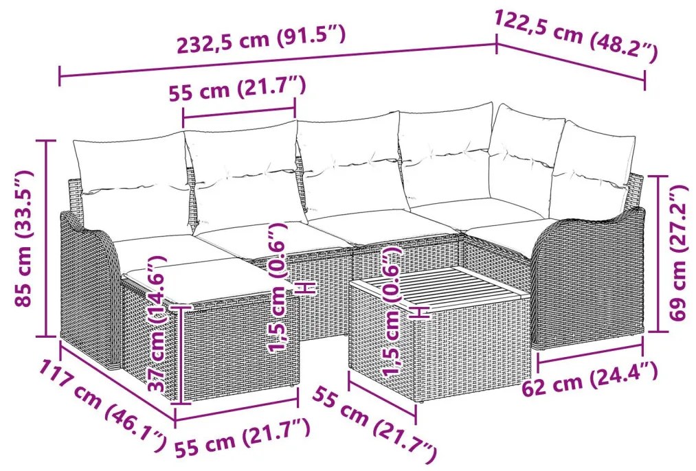7 darabos kerti kanapé szett párnákkal Bézs Poli Rattan Akáciából, 2 személyes kerti kanapé párnákkal Bézs Poli Rattan