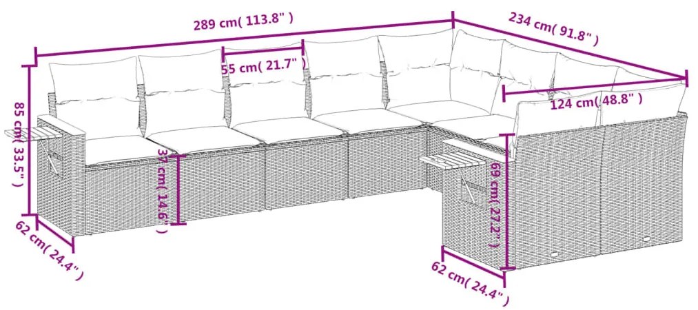 9 részes fekete polyrattan kerti ülőgarnitúra párnákkal