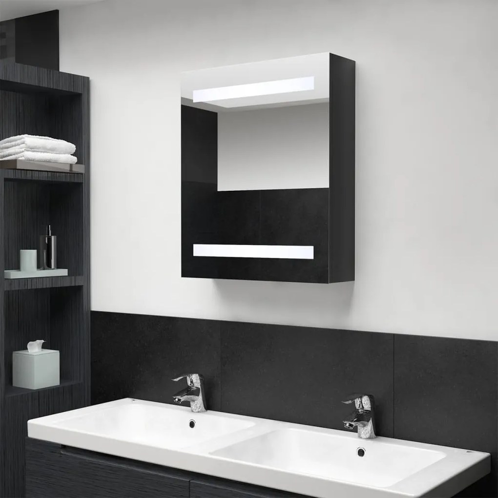 fényes fekete LED-es tükrös fürdőszobaszekrény 50 x 14 x 60 cm