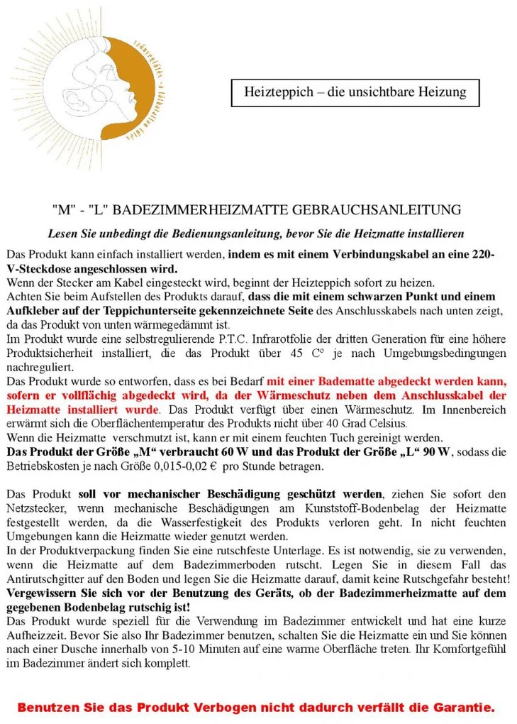 Fürdőszobai vízálló fűtőszőnyeg L 55*80 cm