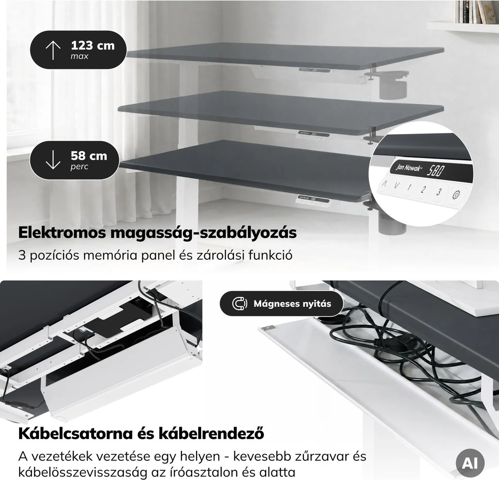Elektromos, állítható magasságú, ergonomikus, fehér-antracit íróasztal,1200x600 mm: ARIA