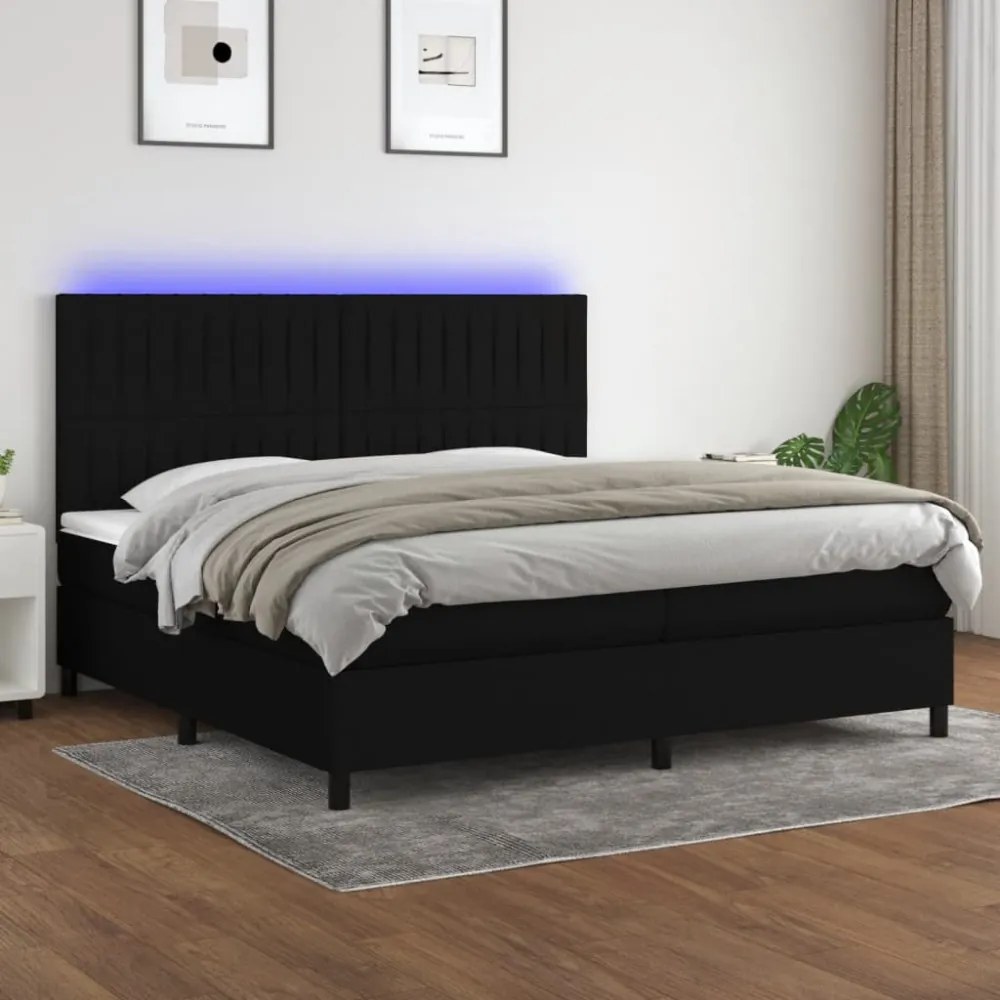 fekete szövet rugós és LED-es ágy matraccal 200x200 cm