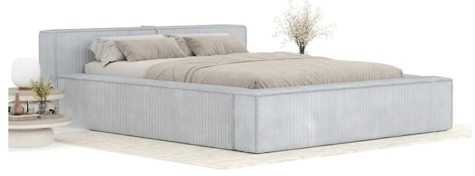 Világosszürke kárpitozott ágyneműtartós franciaágy ágyráccsal 200x200 cm Voliera – Maison de Rêve