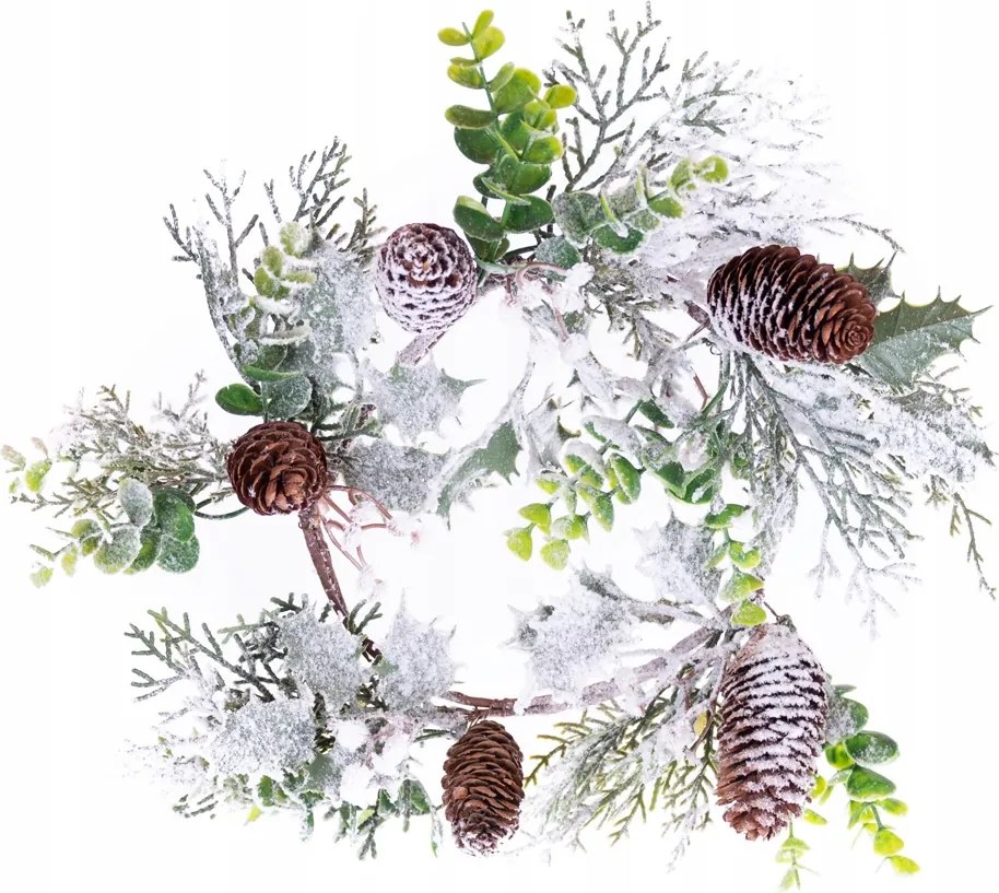 Hófehér zöld koszorú tobozokkal karácsonyi dekoráció