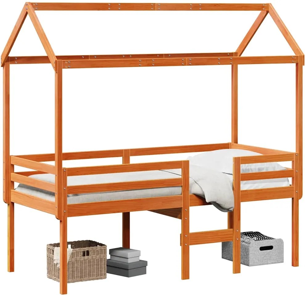 vidaXL viaszbarna tömör fenyőfa magasított ágy tetővel 80 x 200 cm