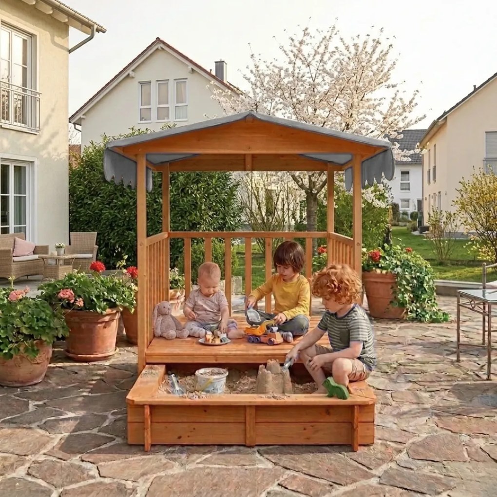 HAPPY homokozó verandával, tömör borókafenyőből 130 x 130 x 143 cm barna szürke Jurhan