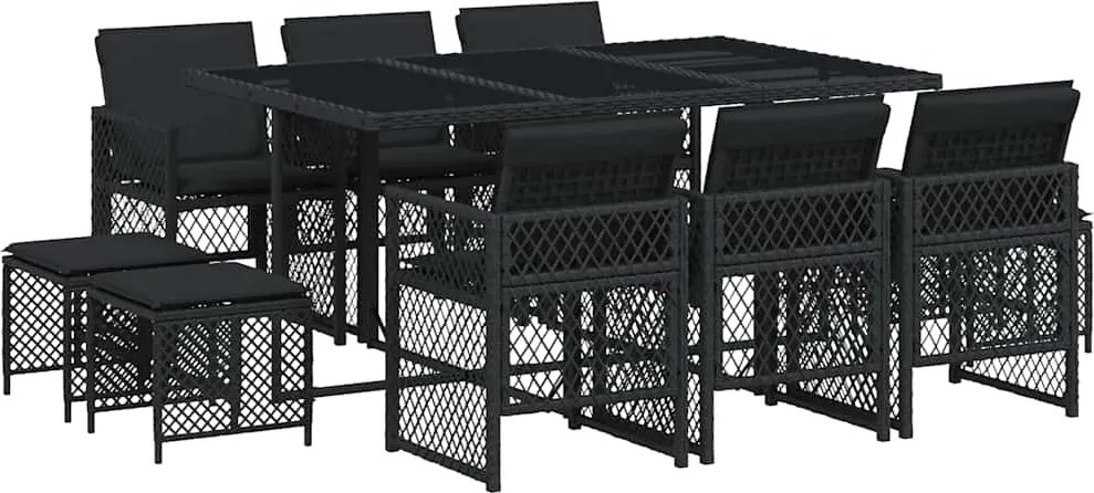 vidaXL 11 részes fekete polyrattan kerti étkezőgarnitúra párnákkal
