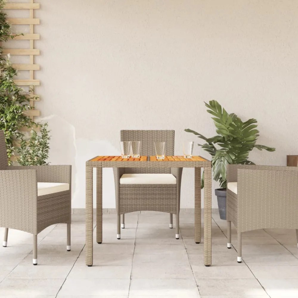bézs polyrattan és akácfa kerti asztal 90 x 90 x 75 cm
