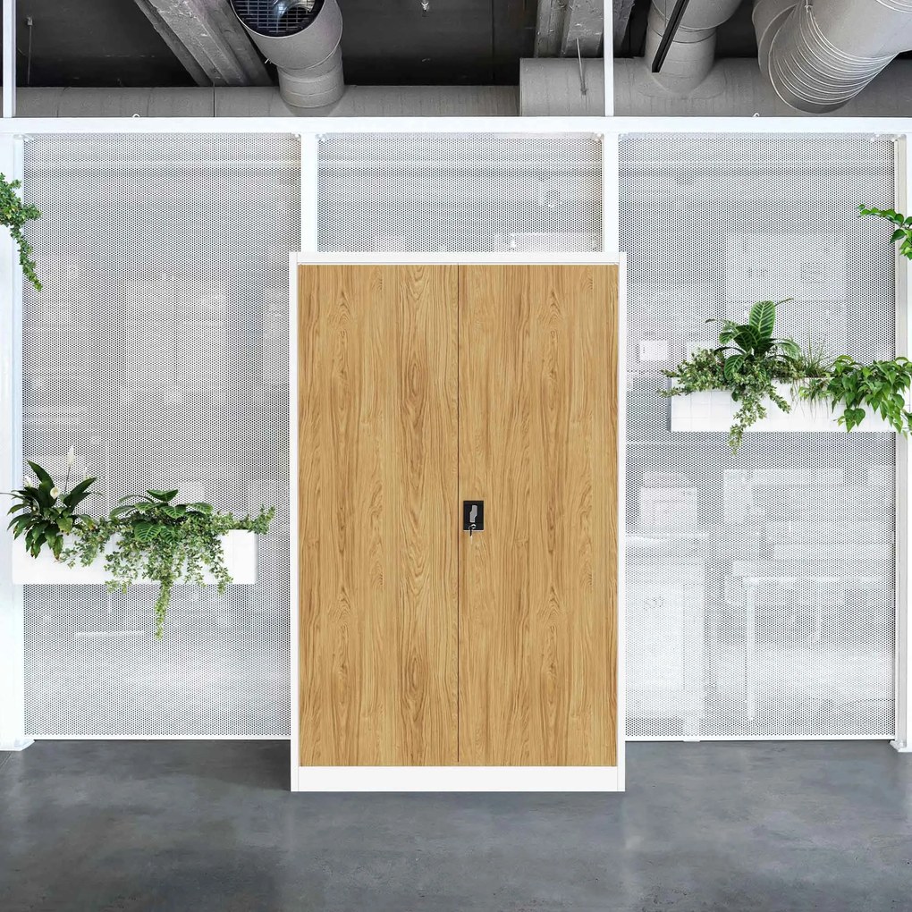 Fém irodai iratszekrény, széles, fehér/arany tölgy, 1150x1850x400 mm: JAN II Eco Design