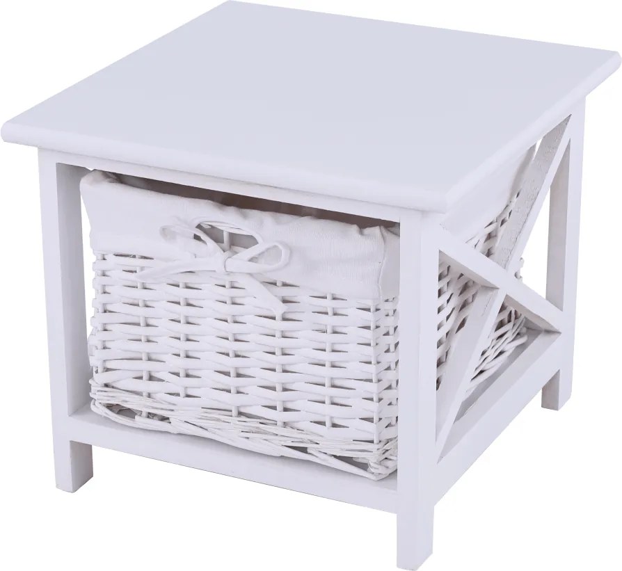 Éjjeliszekrény, fa/vesszőfonás/szövet, fehér, RAFAELLO