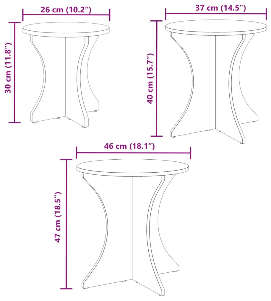 Dohányzóasztal 3 pcs Fehér 46 x 46 x 47 cm Tömör fenyőfa